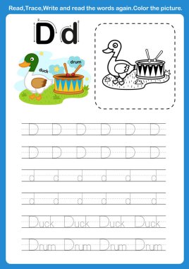 Boyama kitabı illüstrasyonu için çizgi film kelime dağarcığı olan D harfi, vektör.