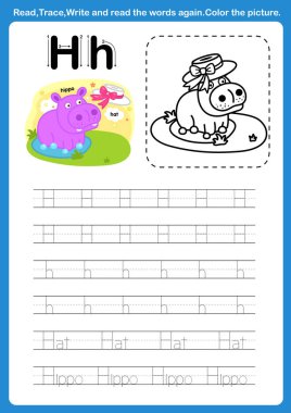 Renklendirme kitabı illüstrasyonu için çizgi film kelime dağarcığıyla harf H, vektör