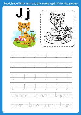 Renklendirme kitabı illüstrasyonu için çizgi film kelime dağarcığı olan J harfi, vektör