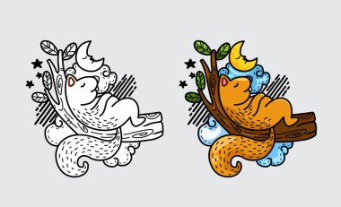 Boyama kitabı için izole edilmiş renkli, siyah ve beyaz sincap tasviri