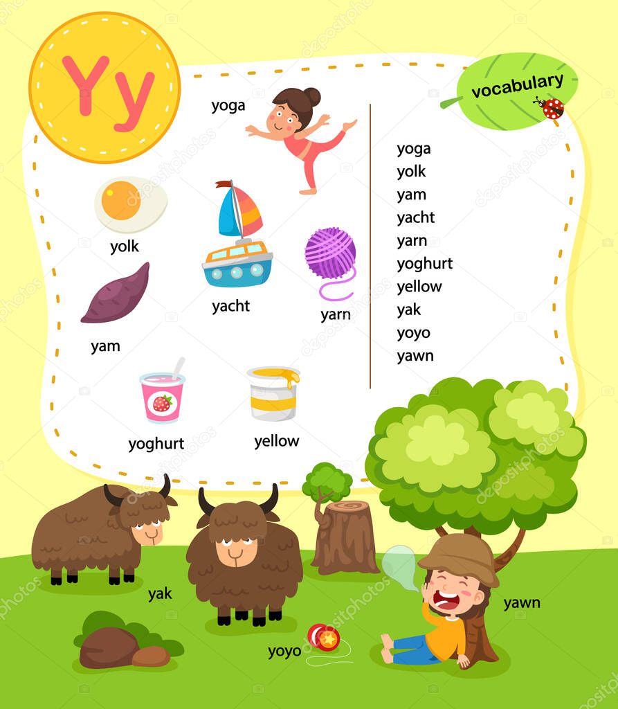 Alphabet Letter Y education vocabulary illustration, vector