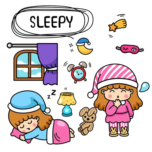 Illustration Isolated Set Cartoon Sleepy Little Kids — ストックベクタ
