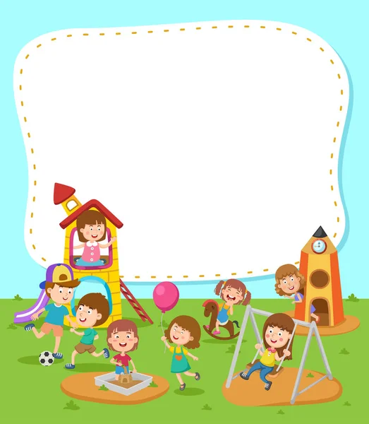 Plantilla Banner Vacía Con Niños Jugando Ilustración Del Patio Recreo — Vector de stock