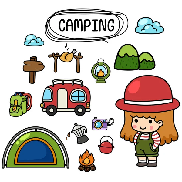 Ilustración Aislado Conjunto Dibujos Animados Camping Con Niña — Vector de stock