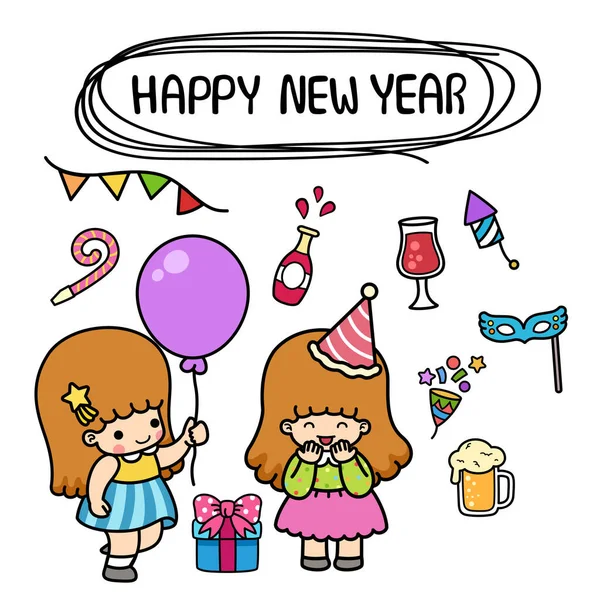 Illustratie Geïsoleerde Set Cartoon Gelukkig Nieuwjaar Met Kind Meisje — Stockvector