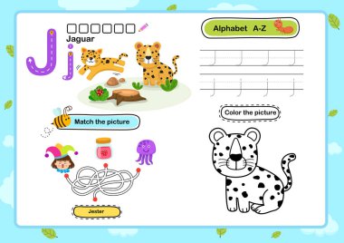 Çizgi film kelime illüstrasyonlu J-Jaguar harfi alıştırması, vektör