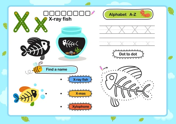 Alfabeto Lettera Xray Esercizio Pesce Con Illustrazione Del Vocabolario Dei — Vettoriale Stock