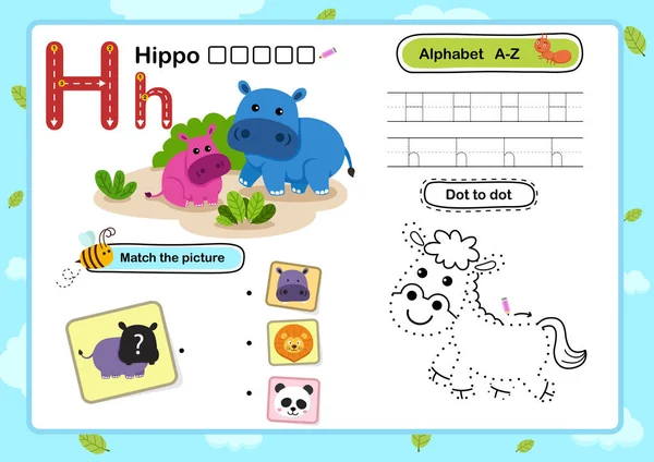 Letra Del Alfabeto Ejercicio Hipopótamo Con Ilustración Vocabulario Dibujos Animados — Archivo Imágenes Vectoriales