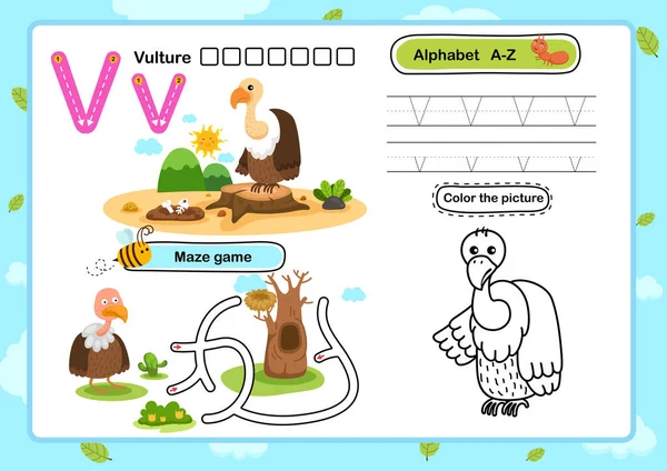 Alfabet Letter Vulture Oefening Met Cartoon Woordenschat Illustratie Vector — Stockvector