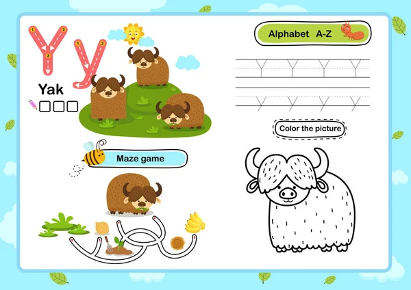 Alfabeto Carta Yak Exercício Com Desenho Animado Vocabulário Ilustração Vetor — Vetor de Stock