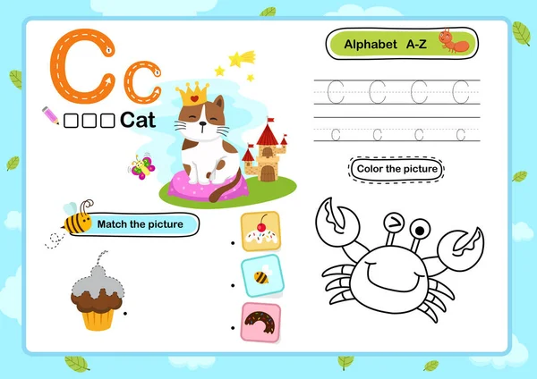 Alfabeto Carta Exercício Cat Com Ilustração Vocabulário Cartoon Vetor — Vetor de Stock