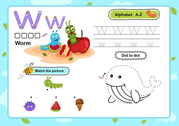 Alfabeto Carta Worm Exercício Com Desenho Animado Vocabulário Ilustração Vetor — Vetor de Stock