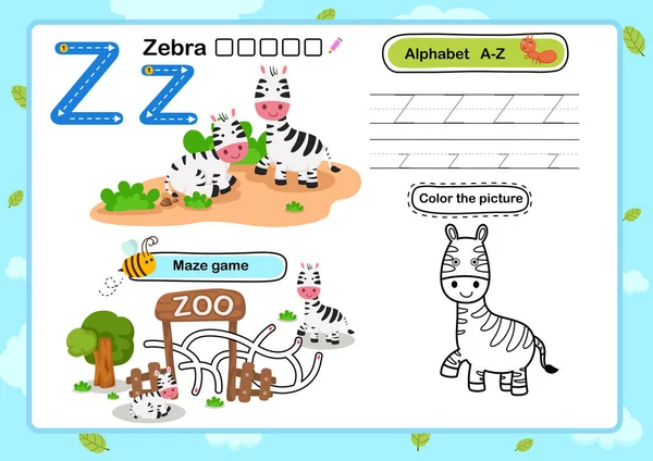 Letra Del Alfabeto Ejercicio Zebra Con Ilustración Vocabulario Dibujos Animados — Vector de stock