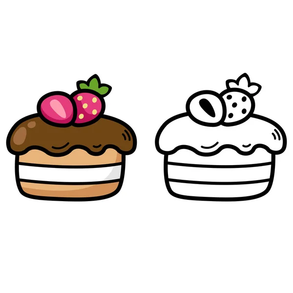 Illustration Von Isolierten Bunten Und Schwarz Weißen Schokoladenkuchen Mit Erdbeere — Stockvektor