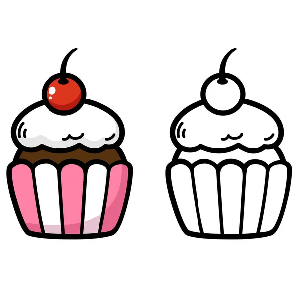 Illustration Isolerade Svarta Och Vita Och Färgglada Cupcake För Målarbok — Stock vektor