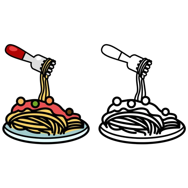 Ilustracja Pojedynczych Kolorowych Czarno Białych Spaghetti Bolognese — Wektor stockowy