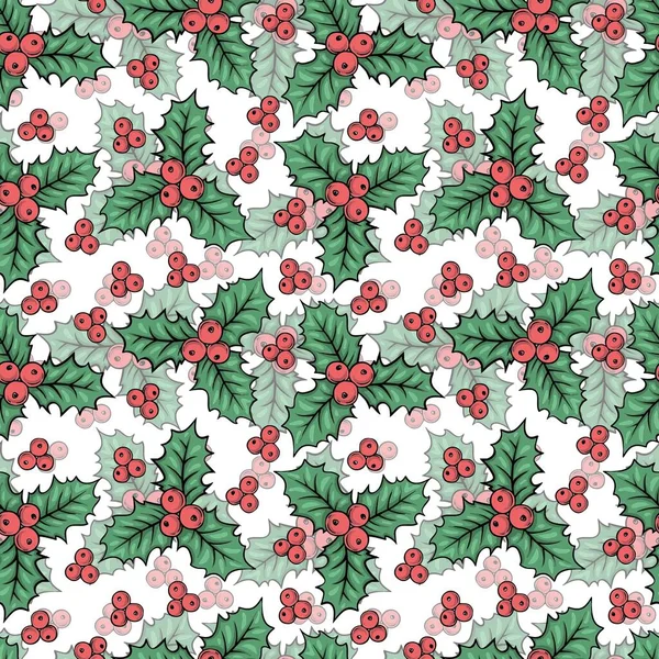 绿树与红莓圣诞佳节无缝隙图案背景 — 图库照片