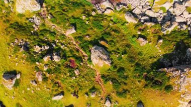 Aşağıdaki havadan Kazbegi Ulusal Parkı 'ndaki yeşil buzul gölü görünüyor. Gürcistan gezisi.