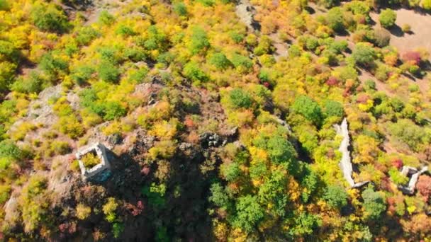 Aerial Circle Georgian Rkoni Fortress Ruins Surrounded Autumn Color Trees — Stock Video