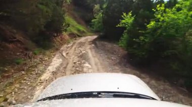 Dar nehir vadisi yolundaki 4WD 'nin ön görüntüsü. Son derece iyi durumda bir off-road turu.