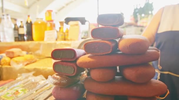 Pastirma Vlees Kaas Productie Stal Traditionele Armeense Markt Binnen Vanadzor — Stockvideo