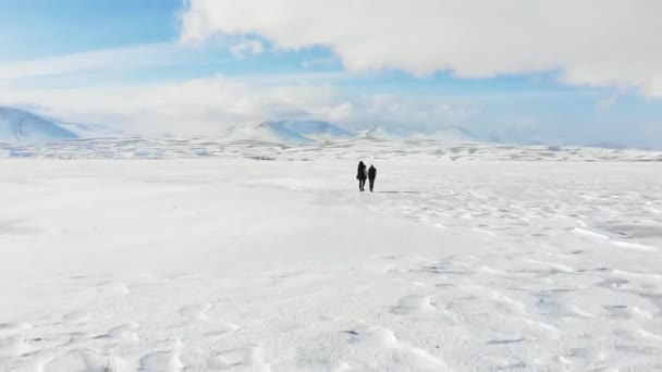 美しいパノラマの背景を持つ白い雪に覆われた湖を歩く観光客の家族の上空を飛ぶ — ストック動画