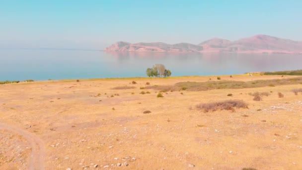 水平線の島と空中接近ビューの風光明媚な青い湖のパノラマ アルメニア セバン半島の風景湖の海岸線 — ストック動画