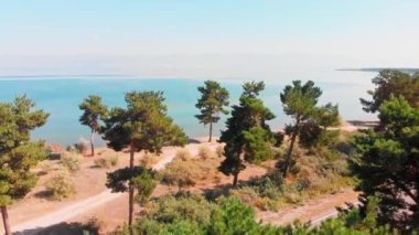 Güneşli yaz gününde, çam ağaçları ve plajlı Sevan Gölü manzaralı bir zoom. Ermenistan tatil beldesi