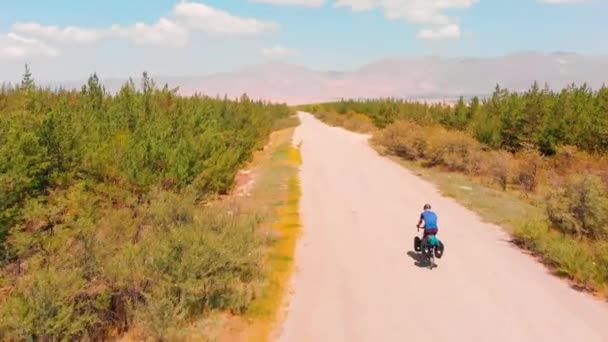 緑の松の木の森と山に囲まれた田舎道に男性のサイクリストに乗る以上の空中上昇ビュー 健康的なアクティブライフスタイルのコンセプト — ストック動画
