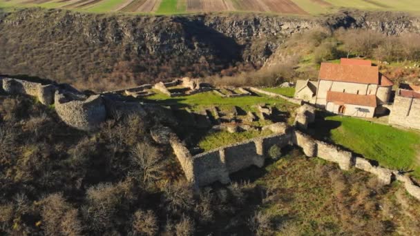 Descendente Vista Aérea Famoso Site Arqueológico Dmanisi Ruínas Marco Com — Vídeo de Stock