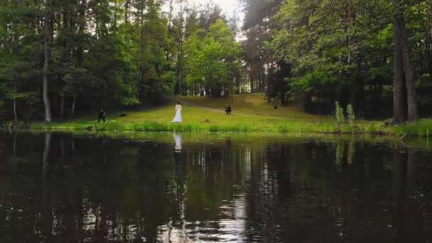 在风景秀丽的立陶宛自然中 空中拍摄到一对高加索人的婚礼夫妇在户外拍照 无人驾驶飞机飞越水面关闭 — 图库视频影像