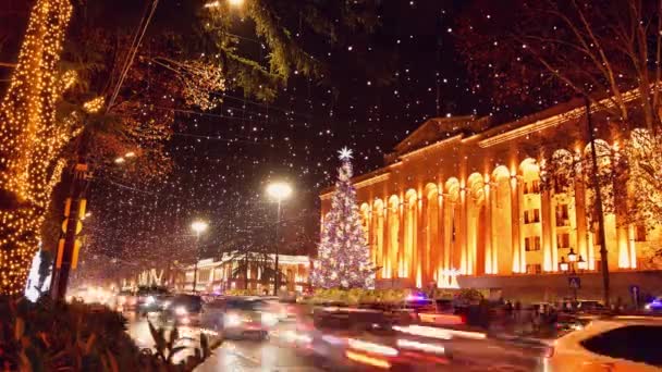 Autos Berufsverkehr Der Nacht Der Rustaweli Allee Der Hauptstadt Tiflis — Stockvideo