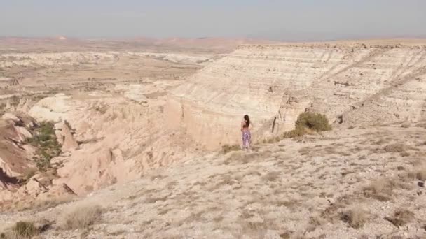 Vista Laterale Donna Potente Sicura Piedi Sul Bordo Una Scogliera — Video Stock