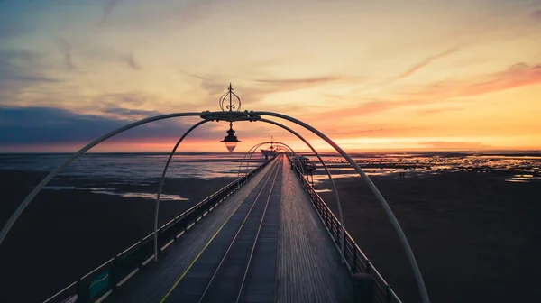 Southport Pier Panoramic View Sunset Scenic Landscape People Romantic Travel — Stock Photo, Image