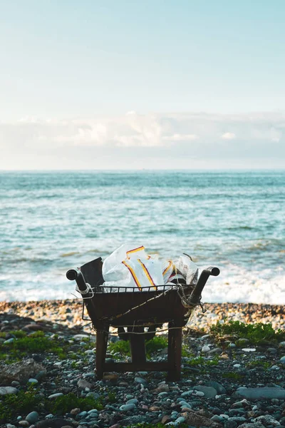 Wheelbarrow Full Plastic Waste Stand Beach Sea Panorama Concept Pollution — Fotografia de Stock
