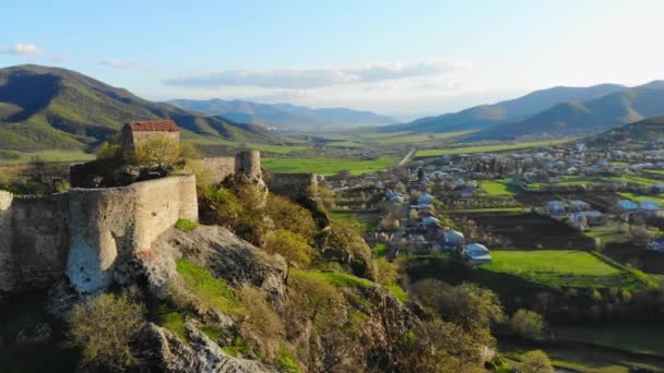 Aerial Panning View Historical Kveshi Fortress Wall Ruins Scenic Landscape — Video