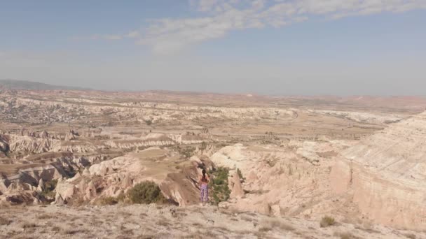 Pandangan Udara Atlet Wanita Terilhami Berdiri Puncak Gunung Menikmati Panorama — Stok Video