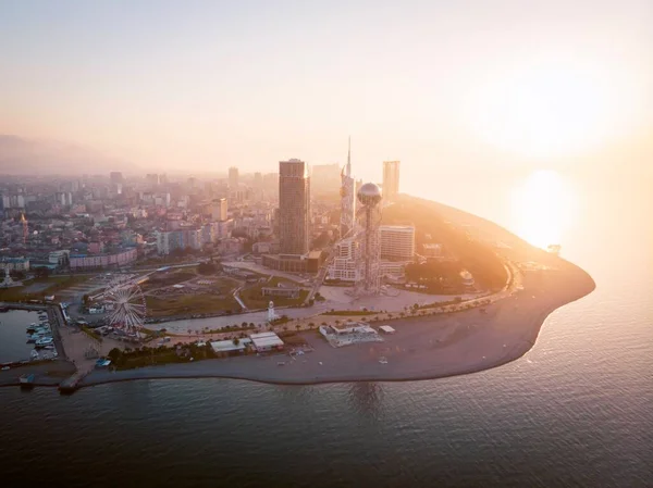 Vista Aerea Sulla Spiaggia Batumi Attrazioni Turistiche Con Luce Del — Foto Stock