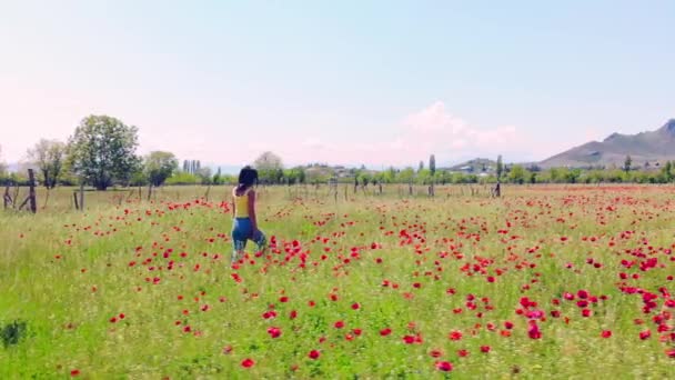 Back view young brunette caucasian pretty woman happy walk in poppy field enjoy spring in solitude in countryside of Georgia. Holiday and springtime concept