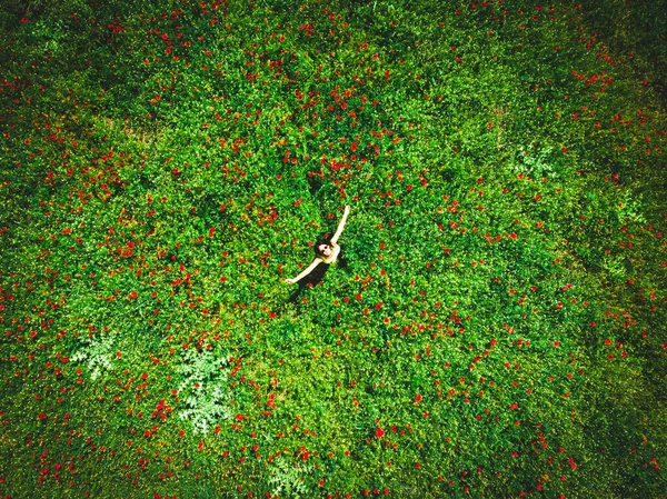 Havadan aşağıya bakan, geniş elleri olan beyaz bir kadın özgürlüğün ve açık havada bahar mevsiminin tadını çıkarıyor. Tasasız hayat ve hayat heyecanı. Kadınların çiçek açması ve sağlık konsepti.