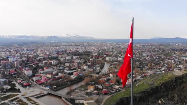 Aerial Circular View National Turkey Symbol Turkish Flag Post Hill — Stockvideo
