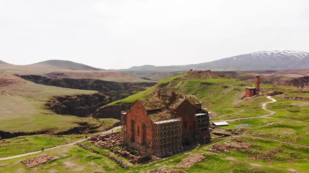 Ani Cathedral Building Reconstruction Ani Ruins Archeological Site Turkey Historical — Stock video