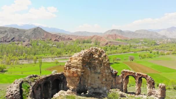 Aerial Close Top View Georgian Orthodox Bana Cathedral Ruins Turkey — Stok video