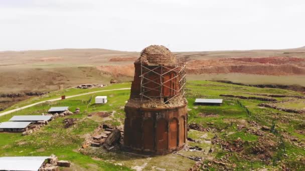 Aerial View Ani Armenian Capital Plateau Ruins Churches City 1001 — Stockvideo