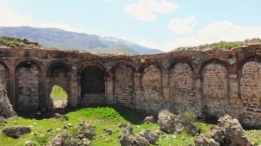 Aerial panning view Bana cathedral wall ruins . Famous georgian landmark in Turkey