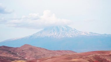 Static panoramic timelapse motion clouds move over Ararat mountain peak. Turkey viewpoint in Kars