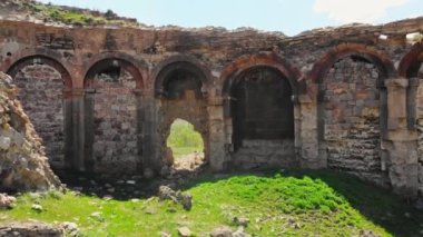 Aerial zoom in view georgian Bana cathedral ruins. Famous georgian landmark in Turkey