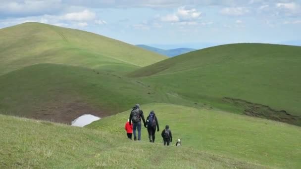 Young Group Caucasian Hikers Hike Green Mountains Trail Caucasus Region — Vídeos de Stock