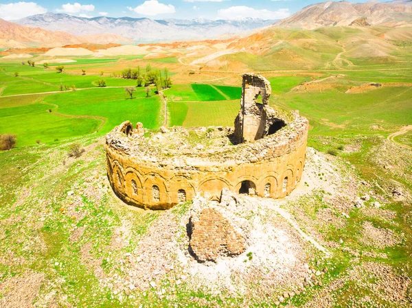 Aerial close up top down view round georgian orthodox Bana cathedral ruins in Turkey. Famous georgian landmark