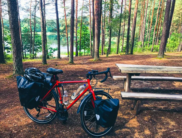 Cykel Står Sidovägen Picknickområde Omgiven Sommar Grönska Litauen Landsbygden Cykel — Stockfoto